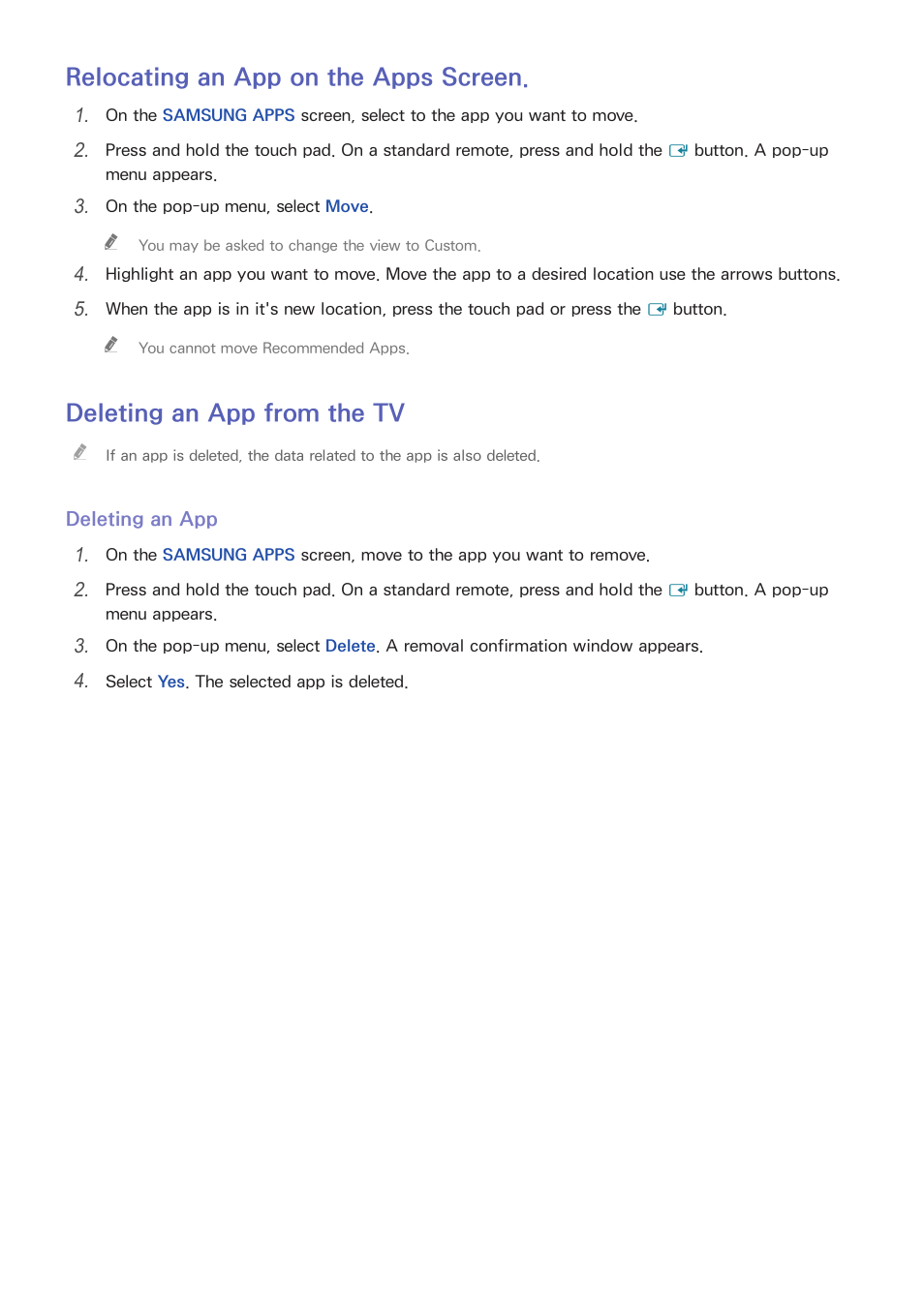 78 relocating an app on the apps screen, 78 deleting an app from the tv, Relocating an app on the apps screen | Deleting an app from the tv | Samsung UN55HU7200FXZA User Manual | Page 84 / 230