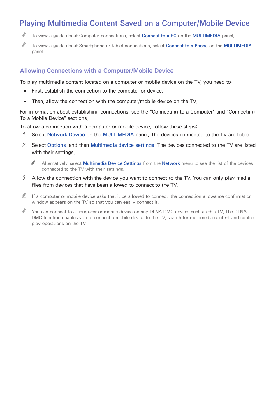 90 playing multimedia content saved on a computer, Mobile device | Samsung UN55HU7200FXZA User Manual | Page 96 / 230