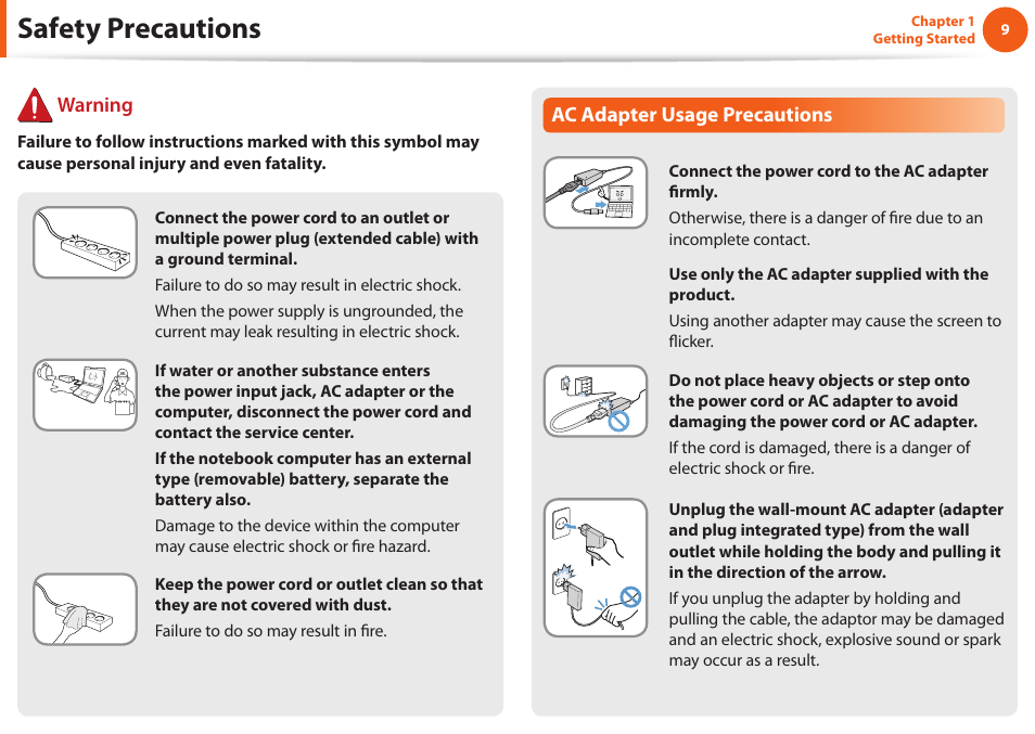 Safety precautions, Ac adapter usage precautions, Warning | Samsung NP900X4D-A04US User Manual | Page 10 / 129