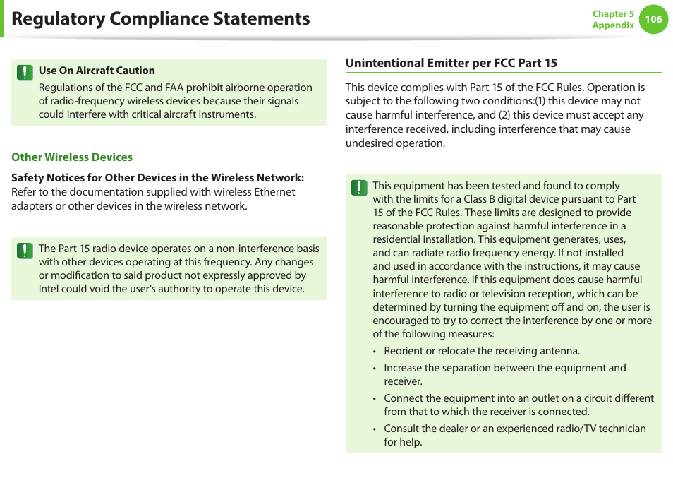 Regulatory compliance statements | Samsung NP900X4D-A04US User Manual | Page 107 / 129