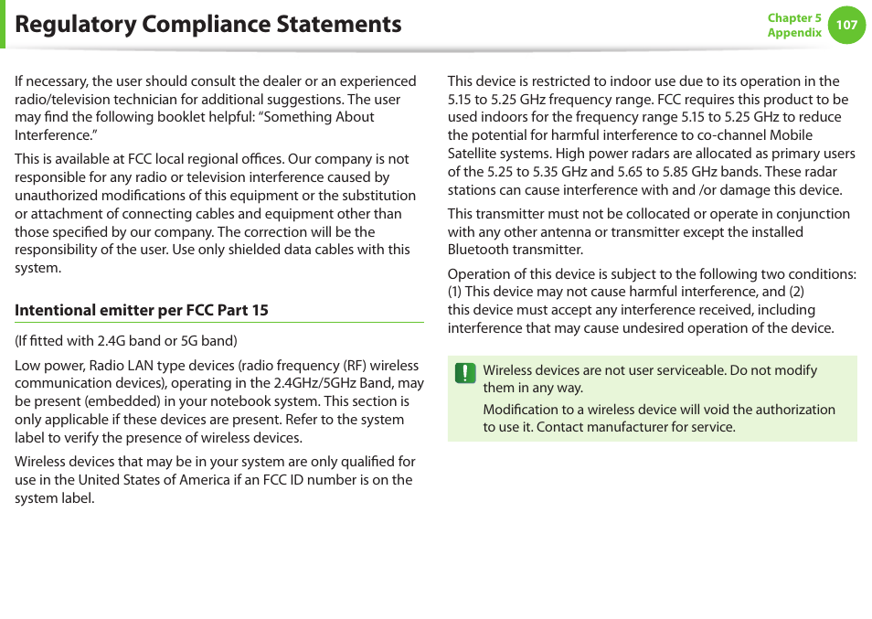 Regulatory compliance statements | Samsung NP900X4D-A04US User Manual | Page 108 / 129