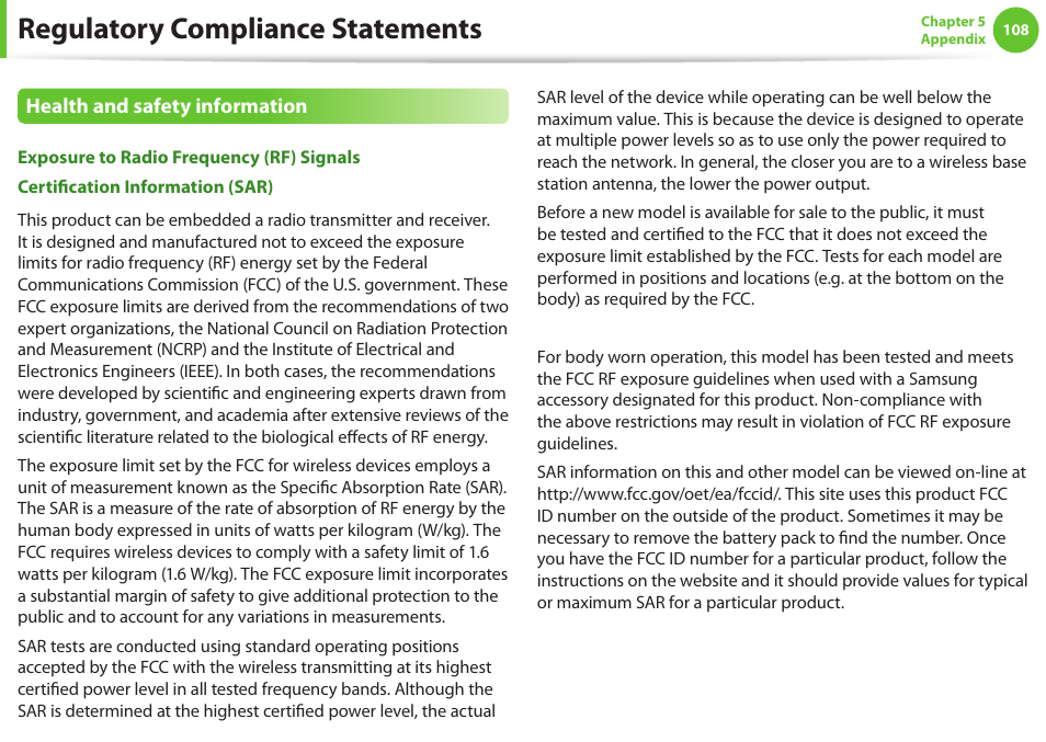 Regulatory compliance statements | Samsung NP900X4D-A04US User Manual | Page 109 / 129
