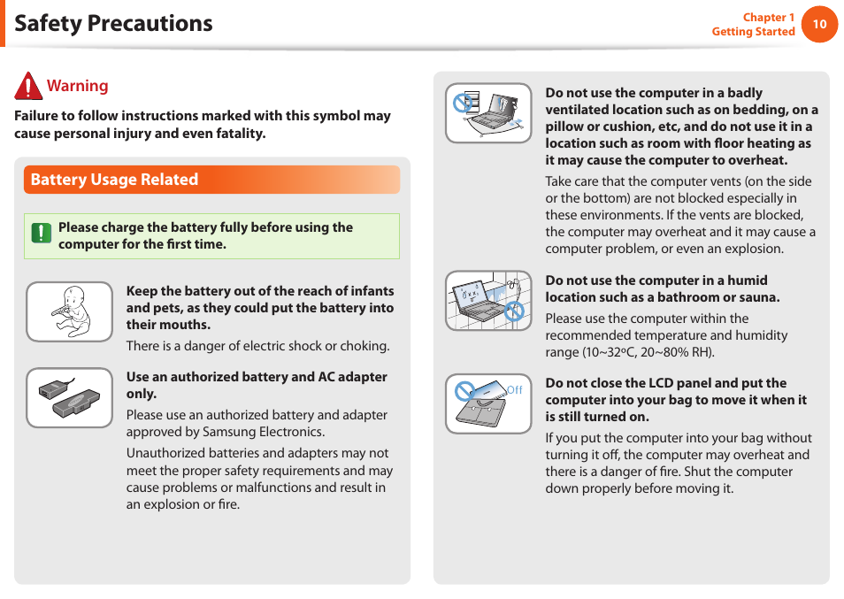 Safety precautions, Battery usage related, Warning | Samsung NP900X4D-A04US User Manual | Page 11 / 129