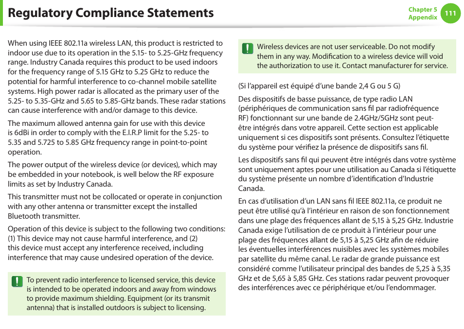 Regulatory compliance statements | Samsung NP900X4D-A04US User Manual | Page 112 / 129