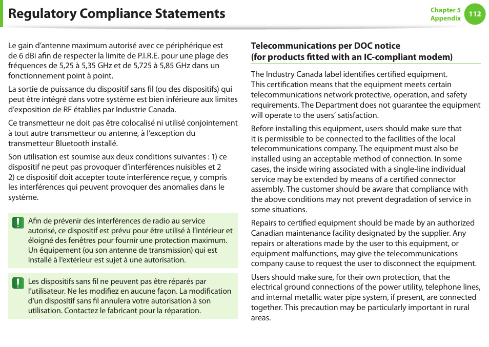 Regulatory compliance statements | Samsung NP900X4D-A04US User Manual | Page 113 / 129