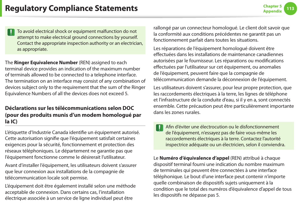 Regulatory compliance statements | Samsung NP900X4D-A04US User Manual | Page 114 / 129
