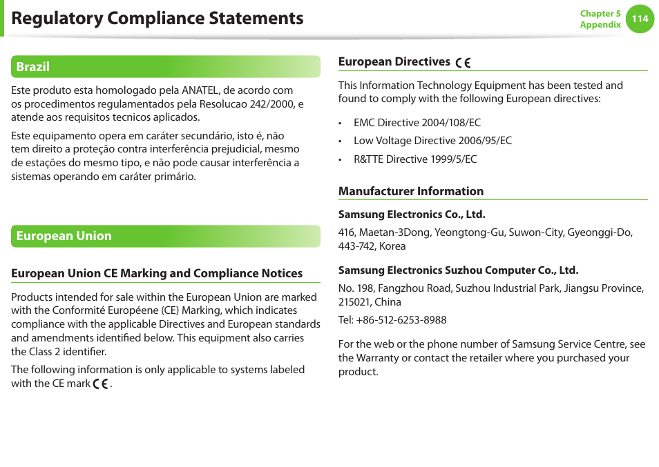 Regulatory compliance statements | Samsung NP900X4D-A04US User Manual | Page 115 / 129