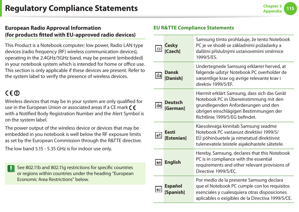 Regulatory compliance statements | Samsung NP900X4D-A04US User Manual | Page 116 / 129