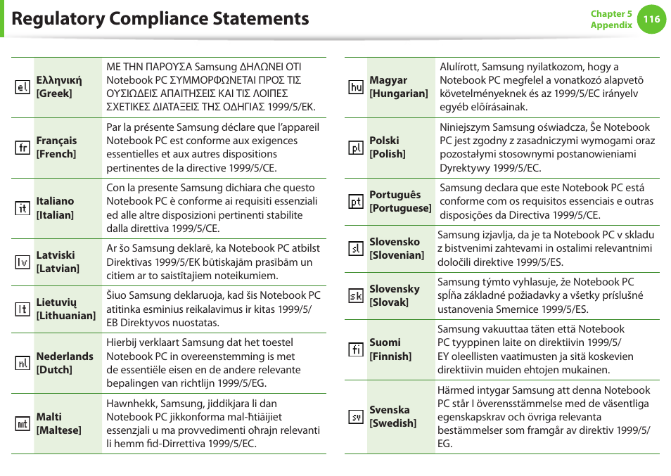 Regulatory compliance statements | Samsung NP900X4D-A04US User Manual | Page 117 / 129