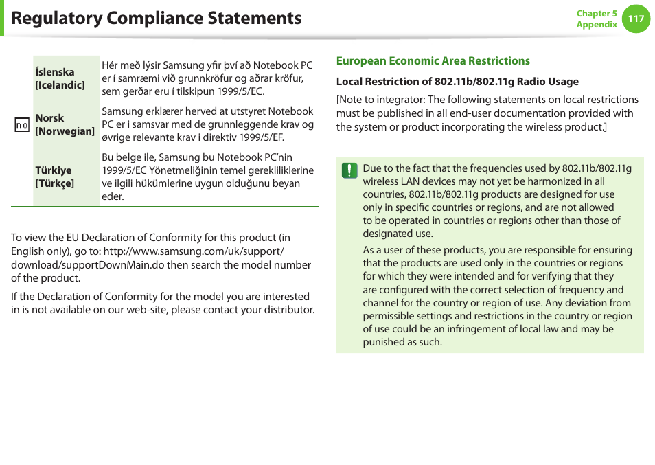 Regulatory compliance statements | Samsung NP900X4D-A04US User Manual | Page 118 / 129
