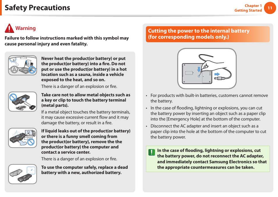 Safety precautions, Warning | Samsung NP900X4D-A04US User Manual | Page 12 / 129