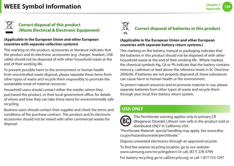 Weee symbol information, Usa only | Samsung NP900X4D-A04US User Manual | Page 121 / 129