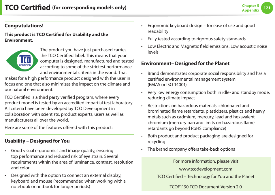 Tco certified, Félicitations | Samsung NP900X4D-A04US User Manual | Page 122 / 129
