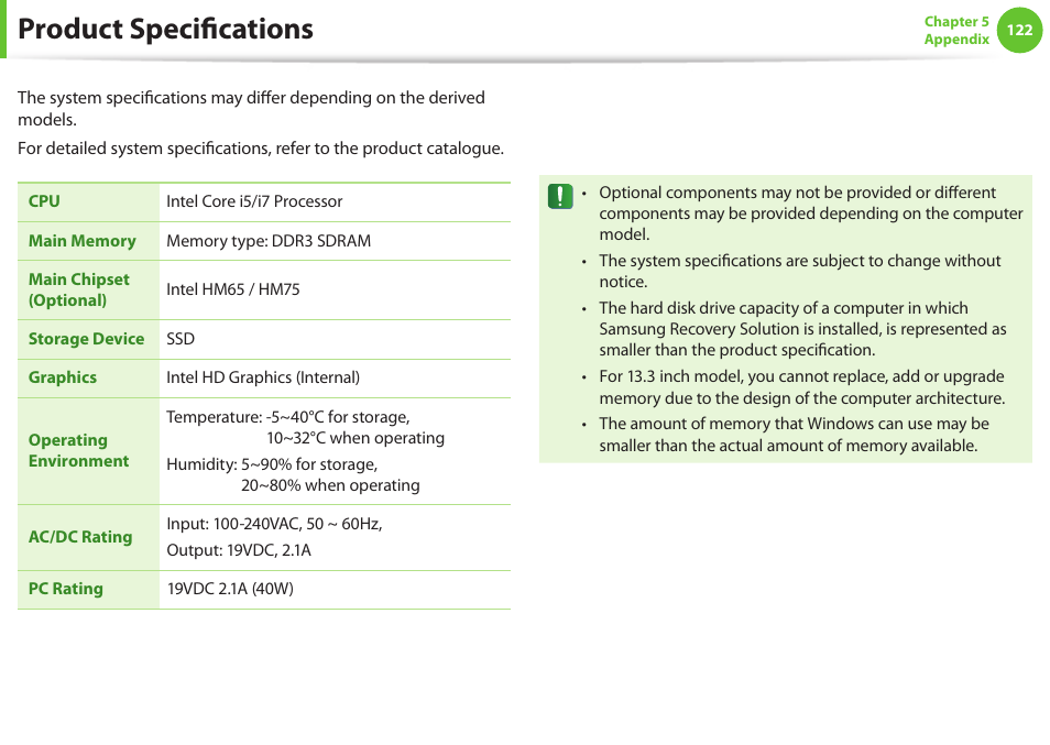 Product specifications | Samsung NP900X4D-A04US User Manual | Page 123 / 129