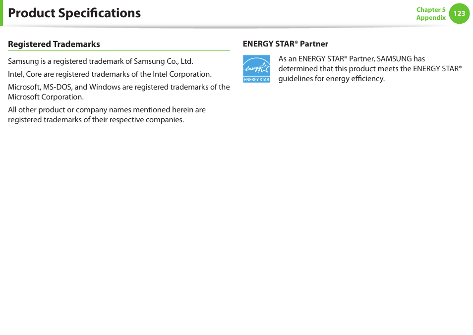 Product specifications | Samsung NP900X4D-A04US User Manual | Page 124 / 129