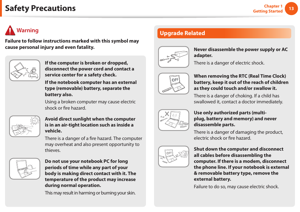 Safety precautions, Upgrade related, Warning | Samsung NP900X4D-A04US User Manual | Page 14 / 129