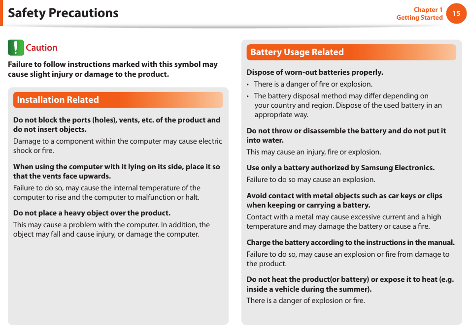 Safety precautions | Samsung NP900X4D-A04US User Manual | Page 16 / 129