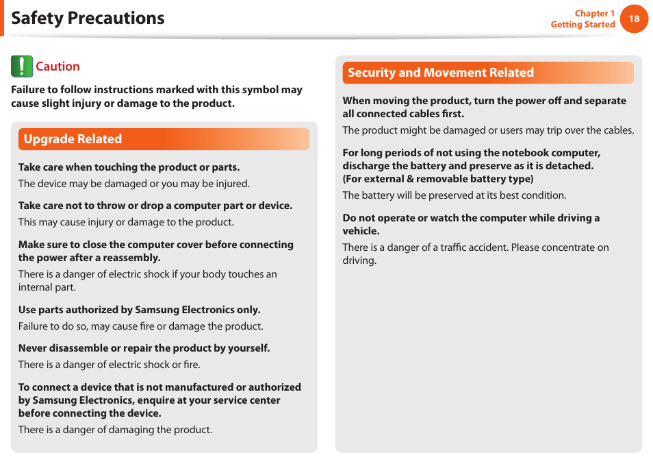 Safety precautions | Samsung NP900X4D-A04US User Manual | Page 19 / 129