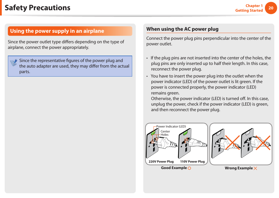 Safety precautions, Using the power supply in an airplane | Samsung NP900X4D-A04US User Manual | Page 21 / 129