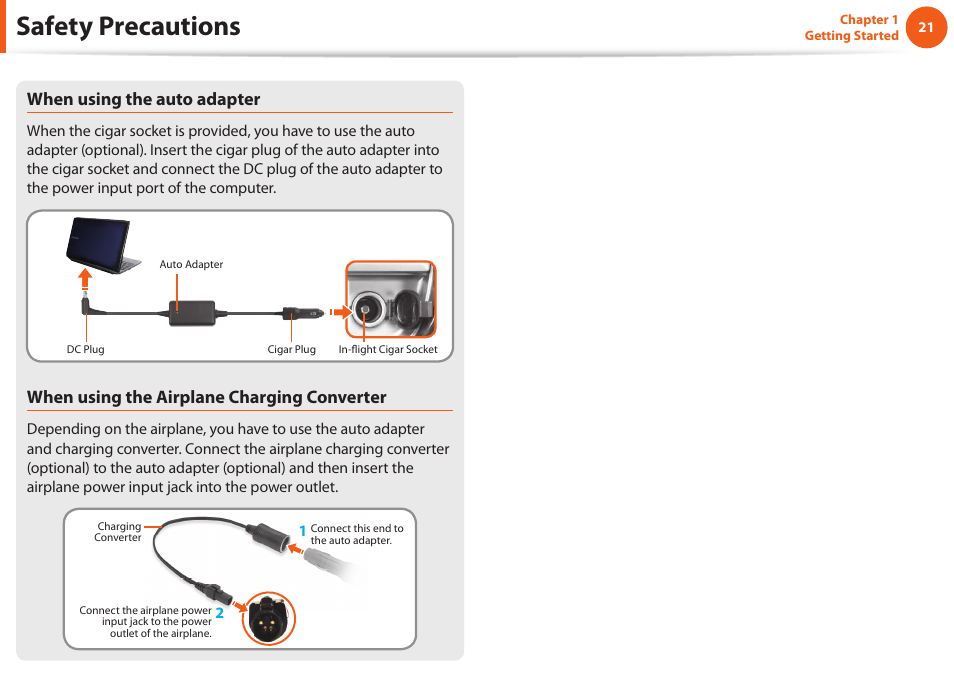 Safety precautions, When using the auto adapter, When using the airplane charging converter | Samsung NP900X4D-A04US User Manual | Page 22 / 129