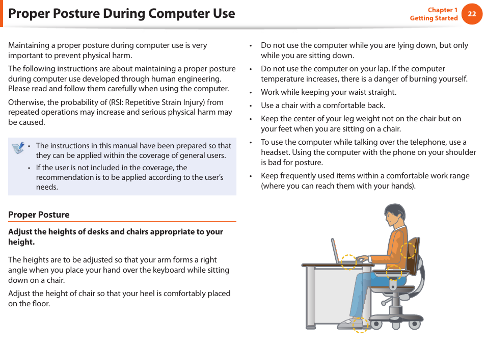 Proper posture during computer use | Samsung NP900X4D-A04US User Manual | Page 23 / 129