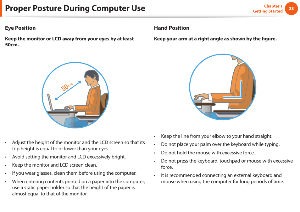 Proper posture during computer use | Samsung NP900X4D-A04US User Manual | Page 24 / 129