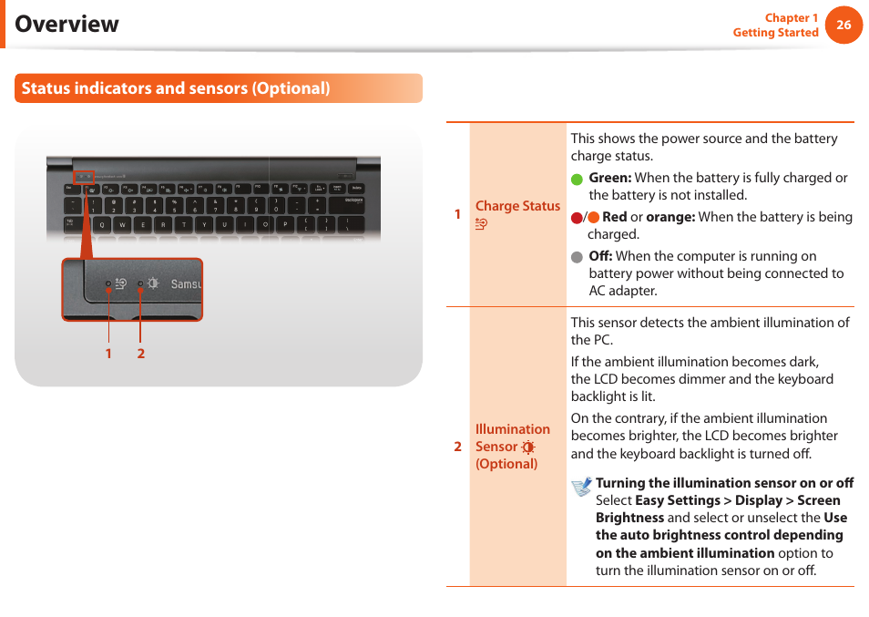 Overview, Status indicators and sensors (optional) | Samsung NP900X4D-A04US User Manual | Page 27 / 129