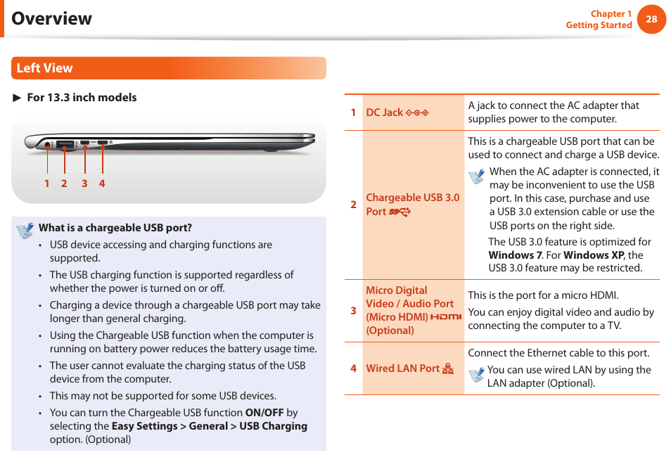 Overview, Left view | Samsung NP900X4D-A04US User Manual | Page 29 / 129