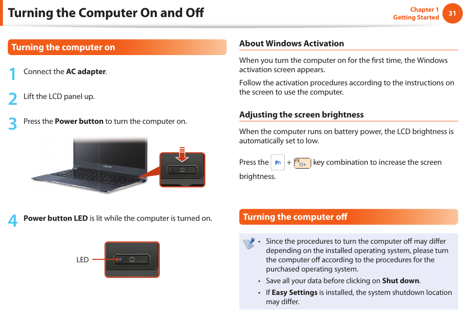 Turning the computer on and off | Samsung NP900X4D-A04US User Manual | Page 32 / 129