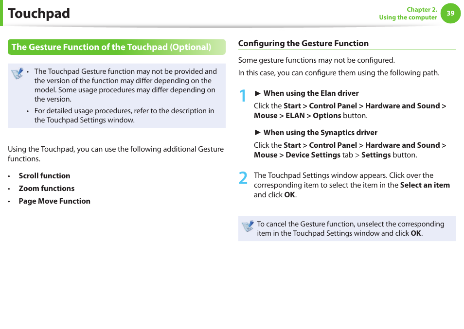 Touchpad | Samsung NP900X4D-A04US User Manual | Page 40 / 129