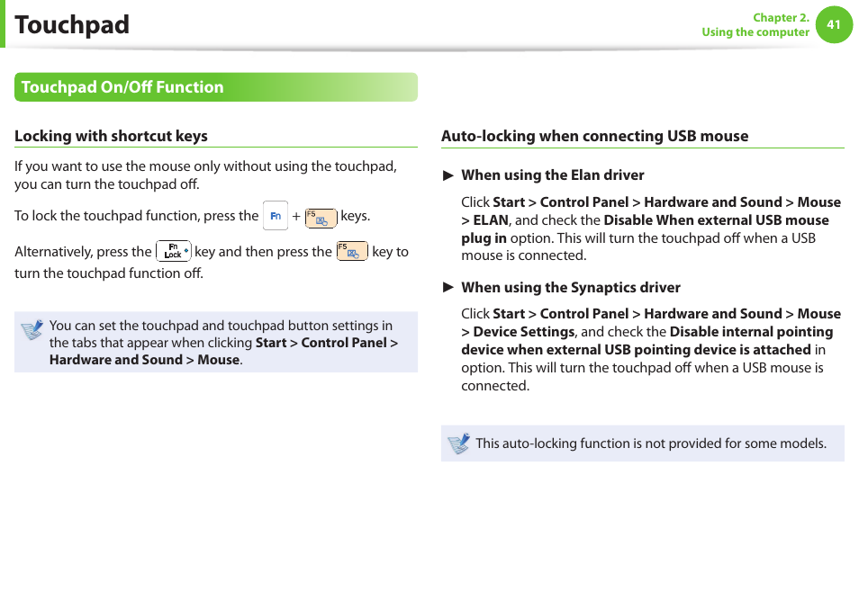 Touchpad | Samsung NP900X4D-A04US User Manual | Page 42 / 129