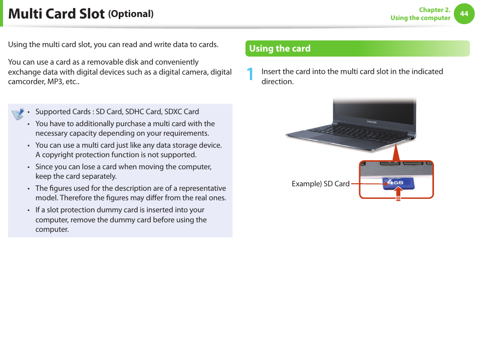Multi card slot | Samsung NP900X4D-A04US User Manual | Page 45 / 129