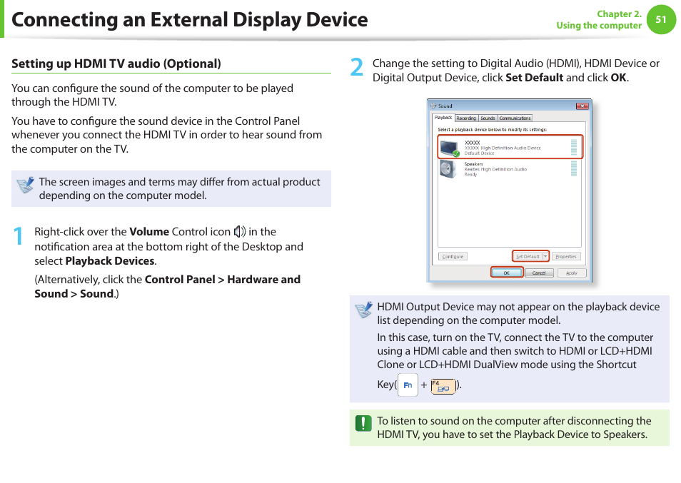Connecting an external display device | Samsung NP900X4D-A04US User Manual | Page 52 / 129