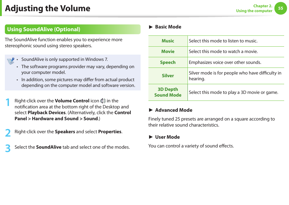 Adjusting the volume | Samsung NP900X4D-A04US User Manual | Page 56 / 129