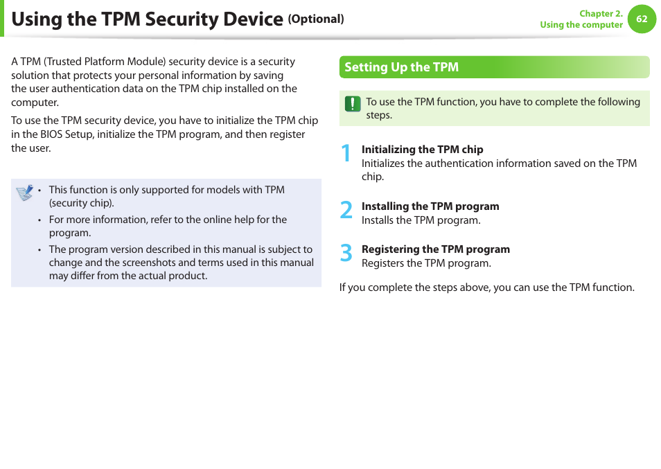 Using the tpm security device | Samsung NP900X4D-A04US User Manual | Page 63 / 129