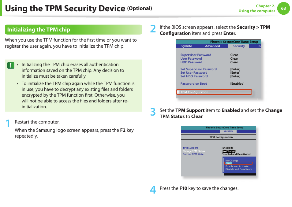 Using the tpm security device, Initializing the tpm chip, Optional) | Samsung NP900X4D-A04US User Manual | Page 64 / 129