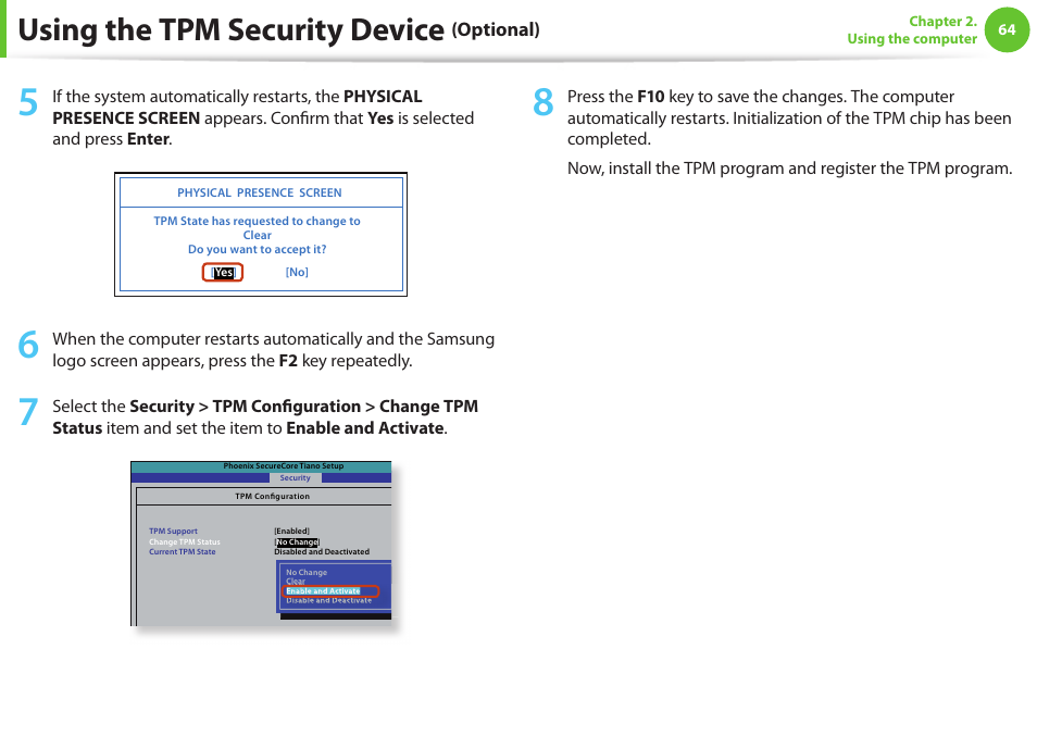 Using the tpm security device, Optional) | Samsung NP900X4D-A04US User Manual | Page 65 / 129