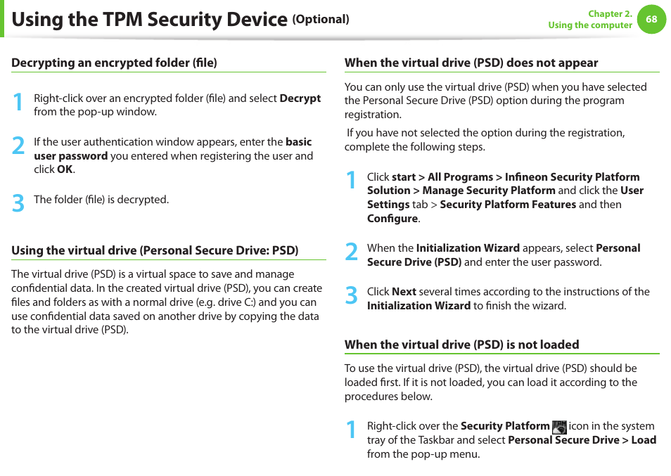 Using the tpm security device | Samsung NP900X4D-A04US User Manual | Page 69 / 129