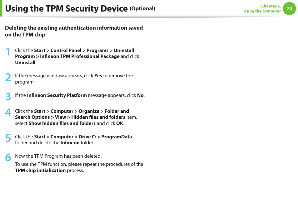 Using the tpm security device | Samsung NP900X4D-A04US User Manual | Page 71 / 129