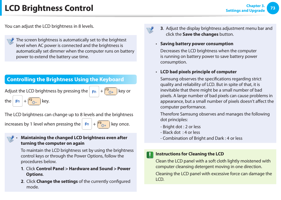 Lcd brightness control, Controlling the brightness using the keyboard | Samsung NP900X4D-A04US User Manual | Page 74 / 129