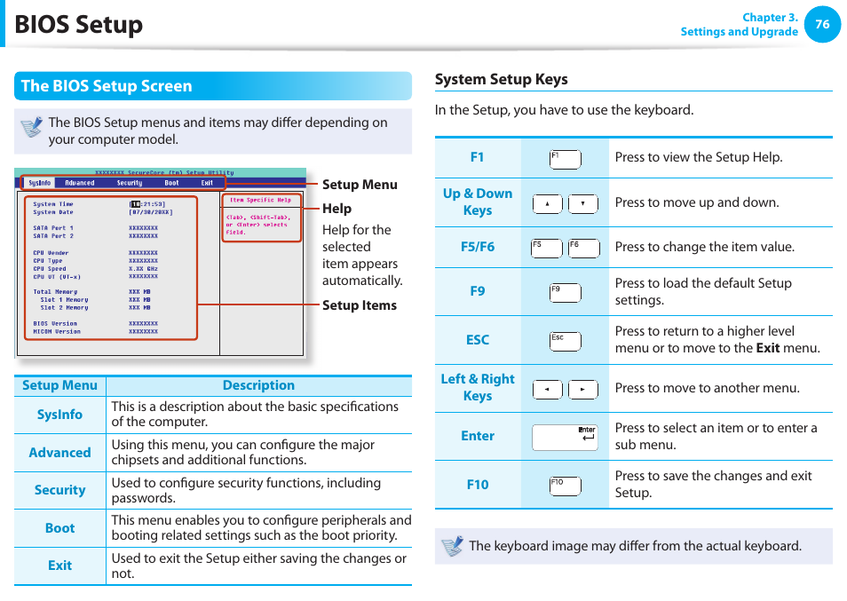 Bios setup, The bios setup screen | Samsung NP900X4D-A04US User Manual | Page 77 / 129
