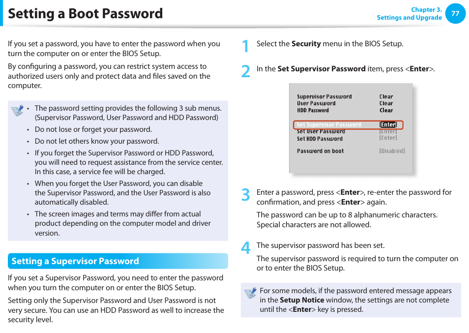 Setting a boot password | Samsung NP900X4D-A04US User Manual | Page 78 / 129