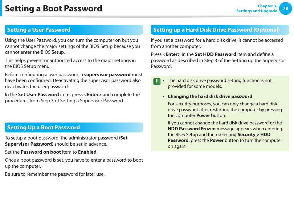 Setting a boot password | Samsung NP900X4D-A04US User Manual | Page 79 / 129