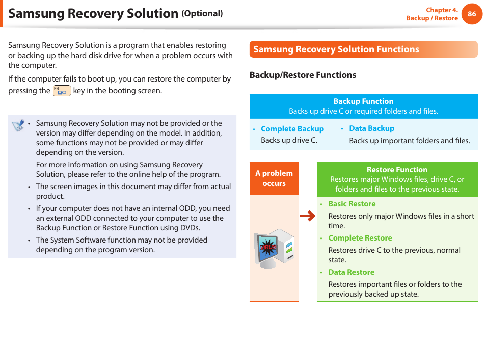 Samsung recovery solution, Samsung recovery solution functions | Samsung NP900X4D-A04US User Manual | Page 87 / 129