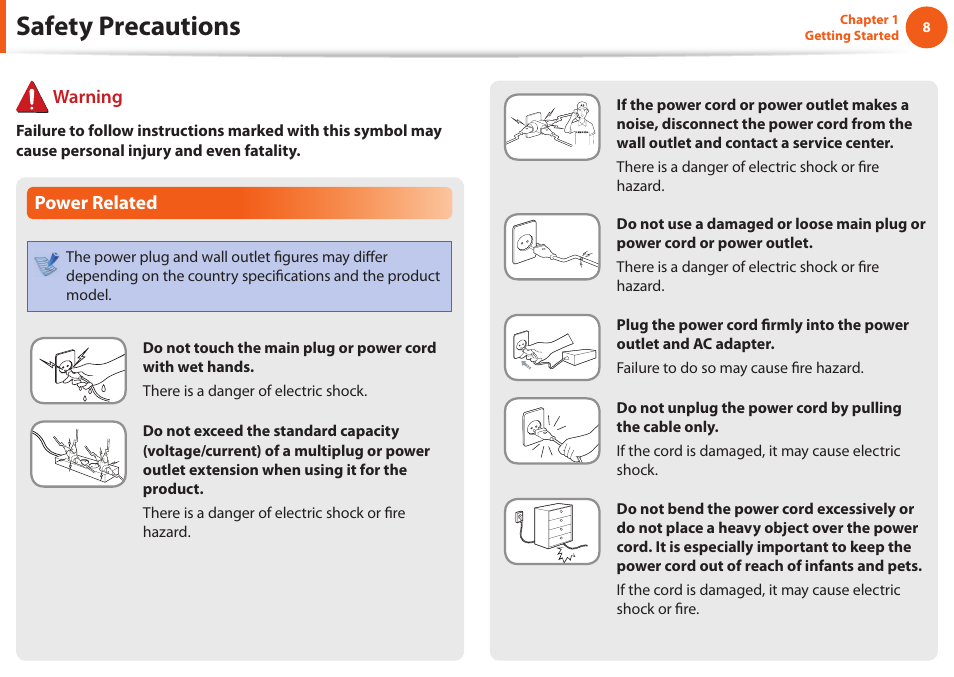 Safety precautions, Power related, Warning | Samsung NP900X4D-A04US User Manual | Page 9 / 129
