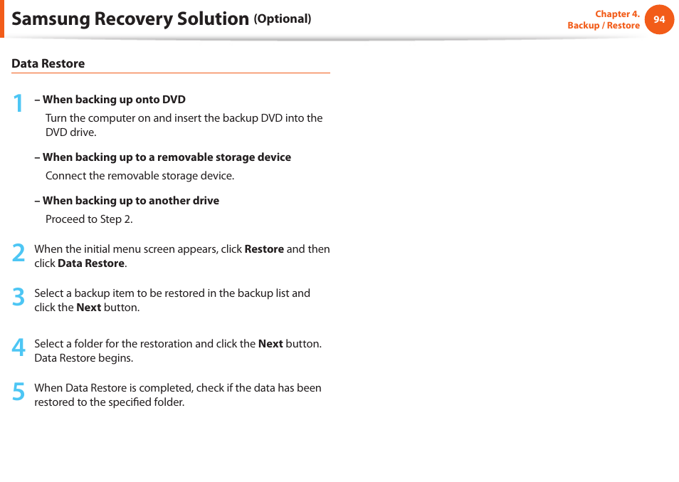 Samsung recovery solution | Samsung NP900X4D-A04US User Manual | Page 95 / 129