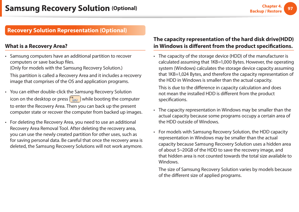 Samsung recovery solution, Recovery solution representation (optional) | Samsung NP900X4D-A04US User Manual | Page 98 / 129