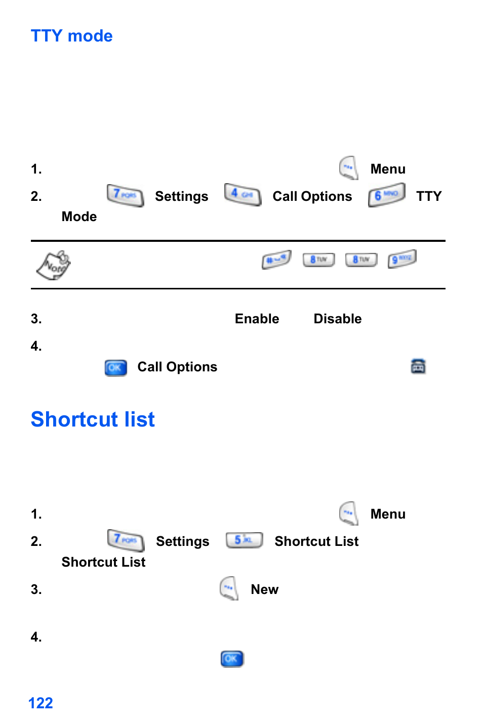 Shortcut list, Tty mode | Samsung SCH-A890ZSVXAR User Manual | Page 130 / 196