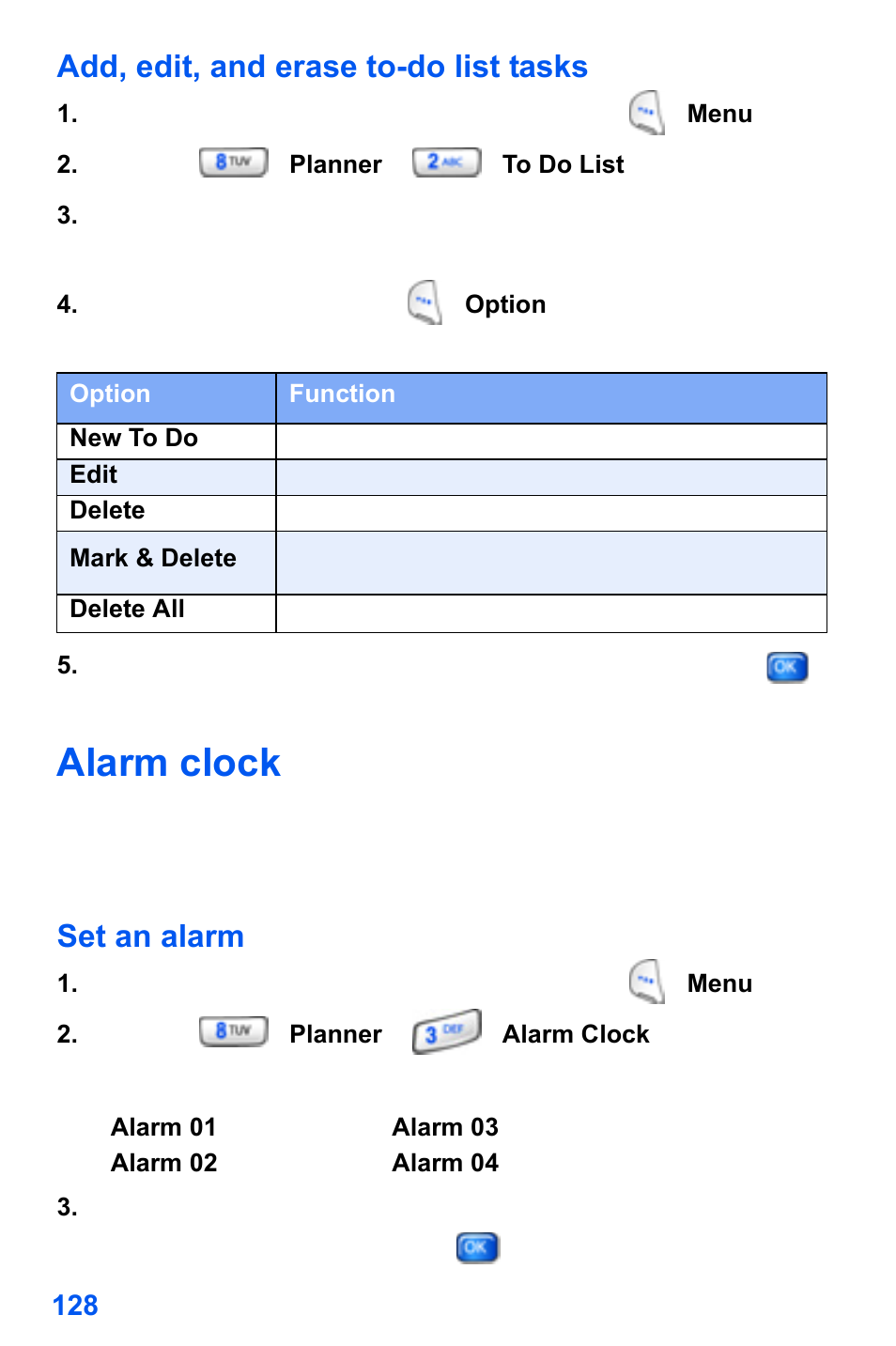 Alarm clock, Add, edit, and erase to-do list tasks, Set an alarm | Samsung SCH-A890ZSVXAR User Manual | Page 136 / 196