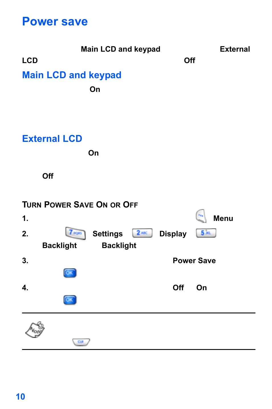 Power save, Main lcd and keypad, External lcd | Samsung SCH-A890ZSVXAR User Manual | Page 18 / 196